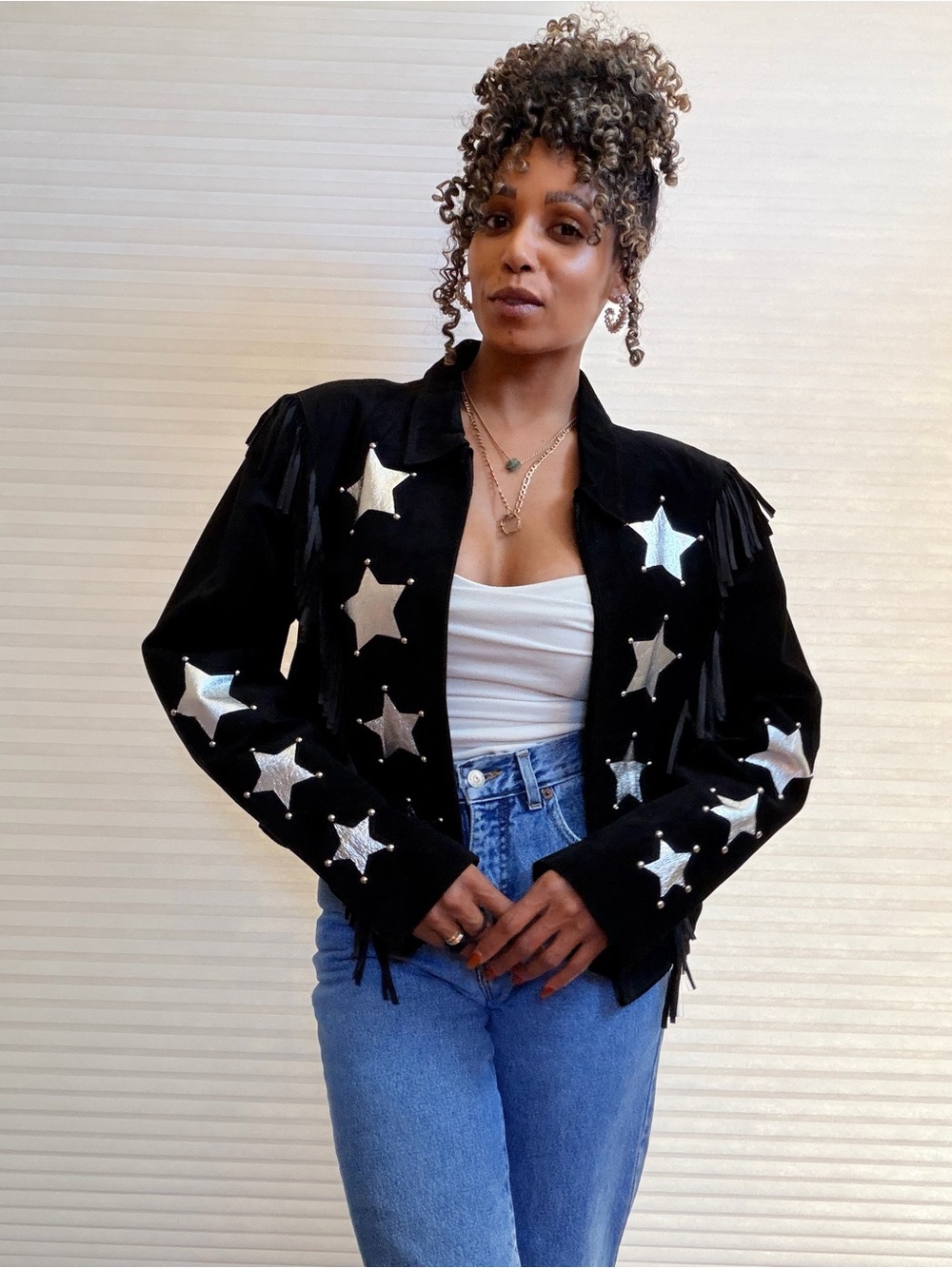 Vintage Arella Leather & Sportswear Metallic Star Fringe Western Jacket